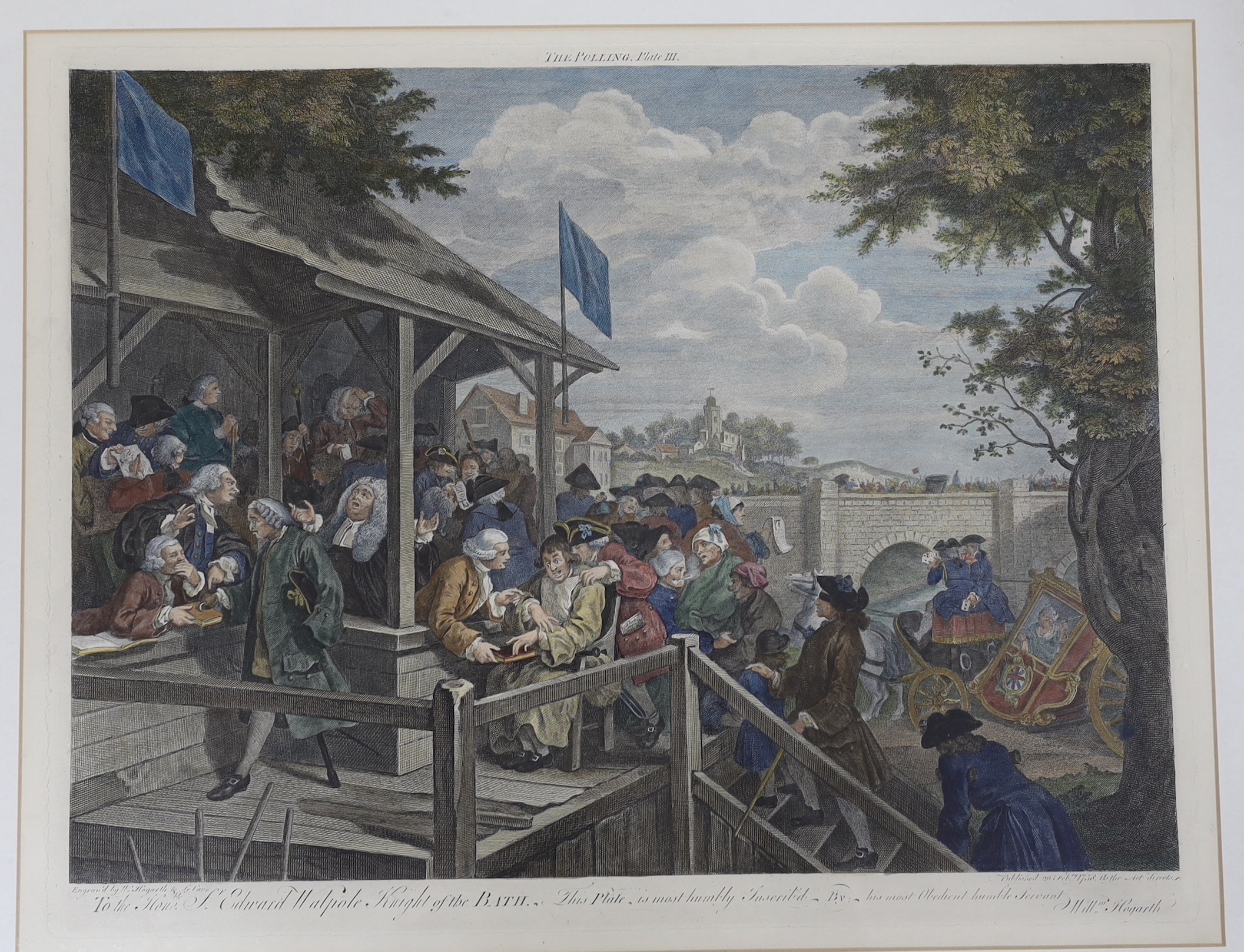 After William Hogarth, set of four hand coloured engravings, 'The Election Series', visible sheet, 46 x 58cm